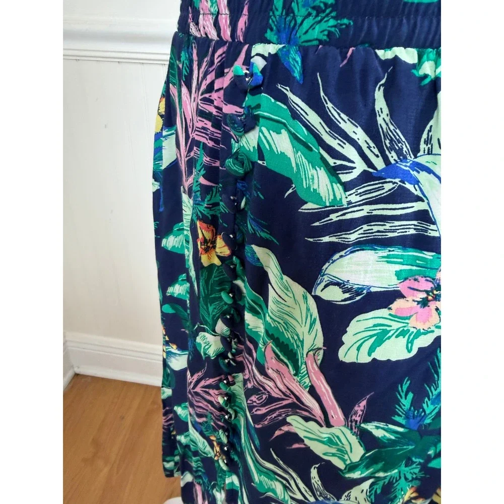 LOFT Tropical Floral Maxi Skirt‎ Womens XSP Navy Blue Button Side Slit Petite